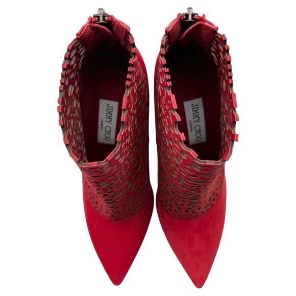 JIMMY CHOO Maurice 100mm Laser Cut Suede Ankle Boots EU 38.5 US 8.5 Red Stiletto - Picture 9 of 13